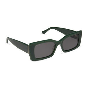 iconica featuring the alessandra rectangle sunglasses with a alpine green frame and grey polarized lenses angled view