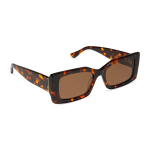 iconica featuring the alessandra rectangle sunglasses with a rich tortoise frame and brown polarized lenses angled view