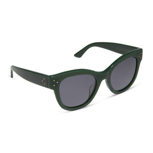 iconica featuring the eva cat eye sunglasses with a alpine green frame and grey polarized lenses angled view