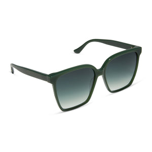 iconica featuring the naomi square sunglasses with a alpine green frame and g15 gradient polarized lenses angled view