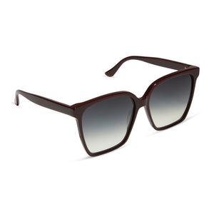 iconica featuring the naomi square sunglasses with a bordeaux brown frame and grey gradient polarized lenses angled view