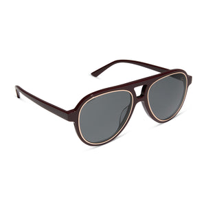 iconica featuring the pia aviator sunglasses with a bordeaux frame and grey polarized lenses angled view