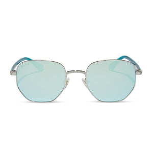 jessie james decker x diff eyewear aster sunglasses with a silver metal frame and turquoise ice mirror lenses front view